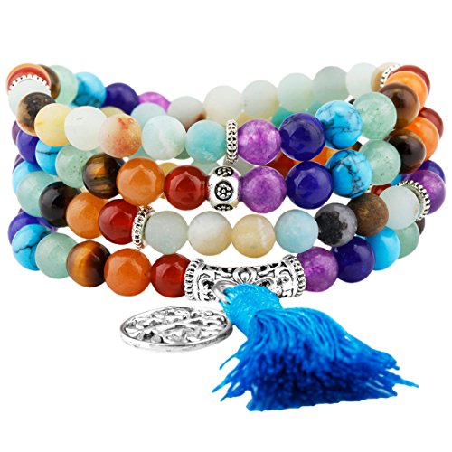 Shanxing 108 Perlen Edelstein Yoga Armband Schmuck Buddha Buddhistische Tibetische Gebetskette Mala Kette Halskette,7 Chakra & Amazonite